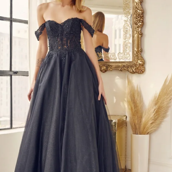 New long navy, royal, yellow, off the shoulder embroidered tulle ball gown dress - Picture 8 of 13